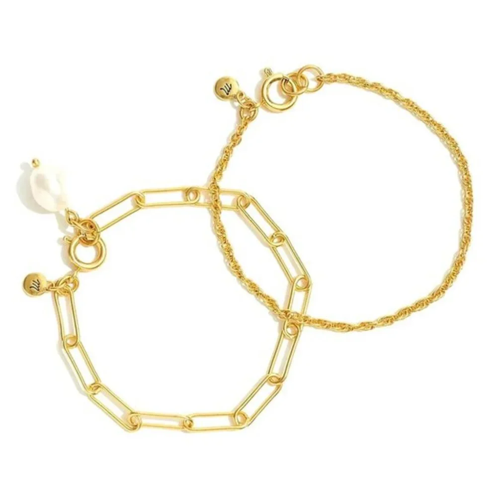 New Gorgeous 14K Gold Plated Silver Cultured Pearl Paperclip Chain Bracelet Set